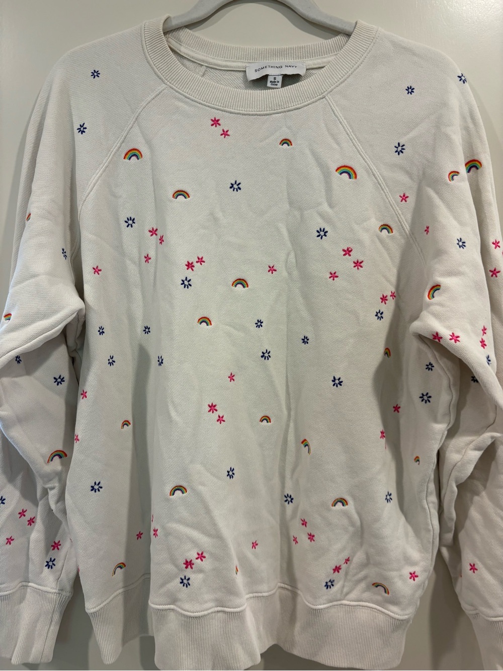 Something Navy Cream Sweatshirt with Rainbow & Pink Floral Embroidery